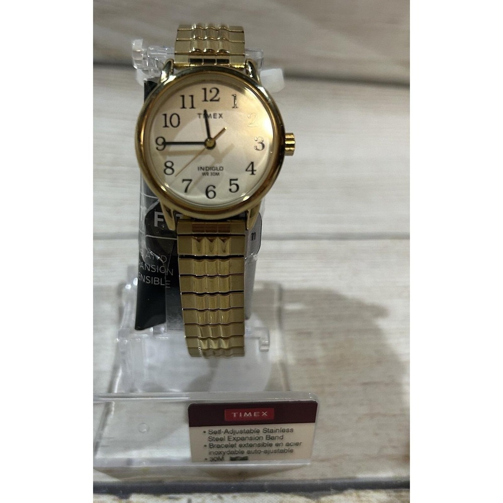 Timex TW2v06000 Classic Easy Read Indiglo Watch Stretch Gold Band EXCELLENT TubJ